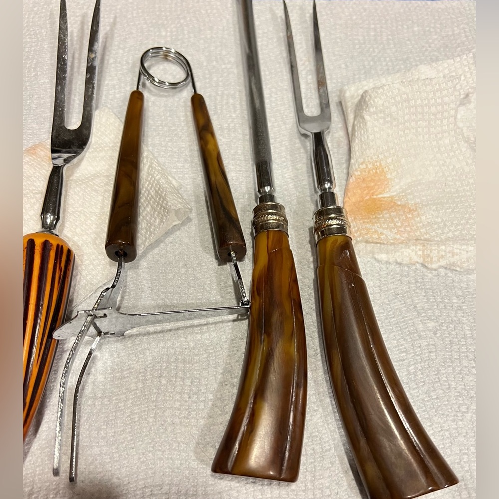 2 Vintage Brown Bakelite Handle Forks Serving Meat Server